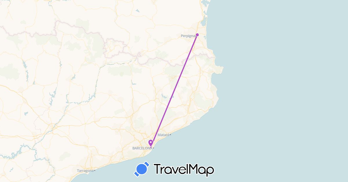 TravelMap itinerary: driving, train in Spain, France (Europe)